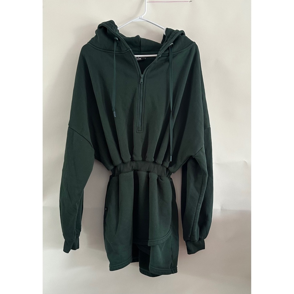 POPFLEX Game Day Mini Dress Hooded Forest Green Half Zip Pullover Size S/M